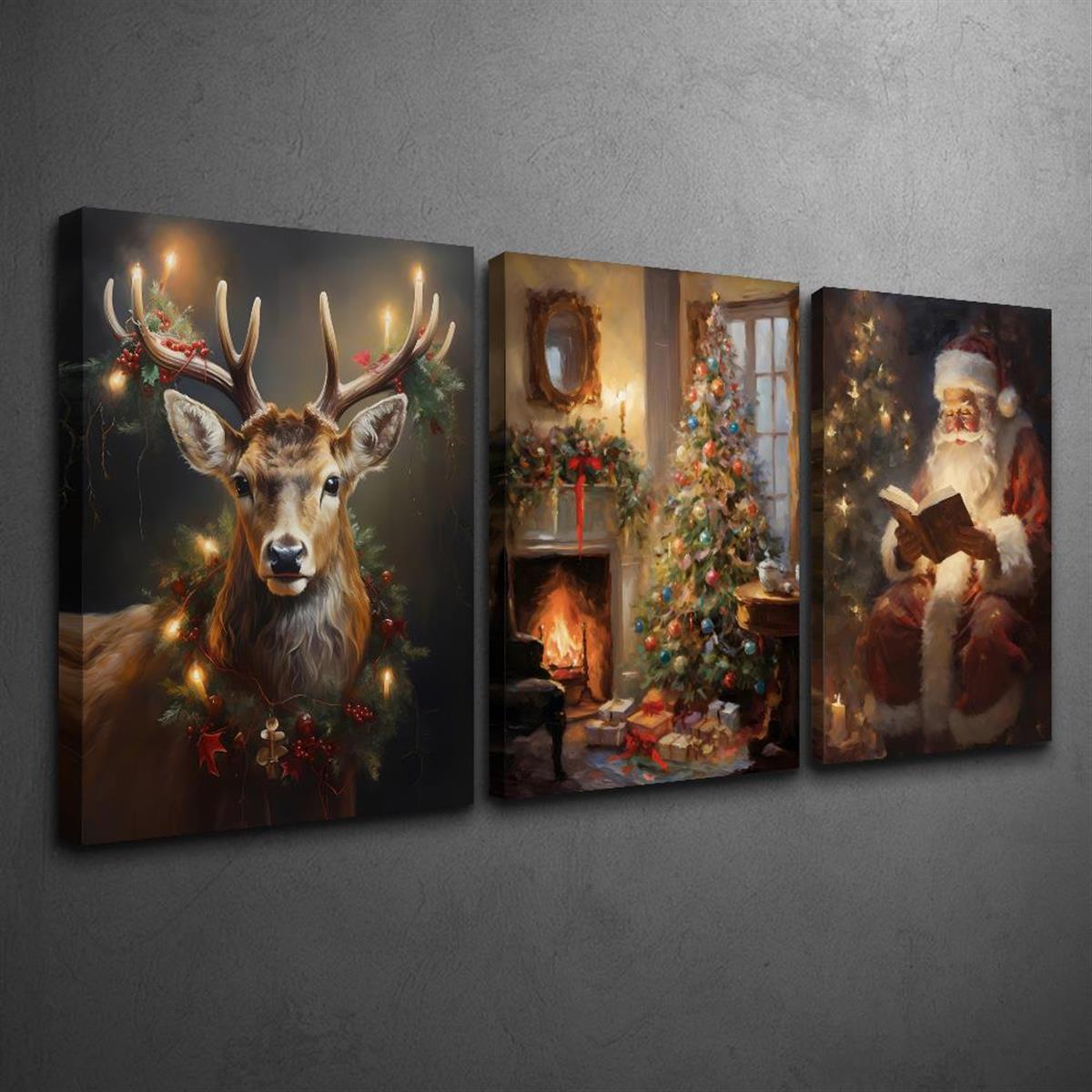 

3-piece Christmas decoration painting, reindeer, Christmas tree and reading Santa Claus, family room decoration wall painting (as the picture,20x30cm No Frame)