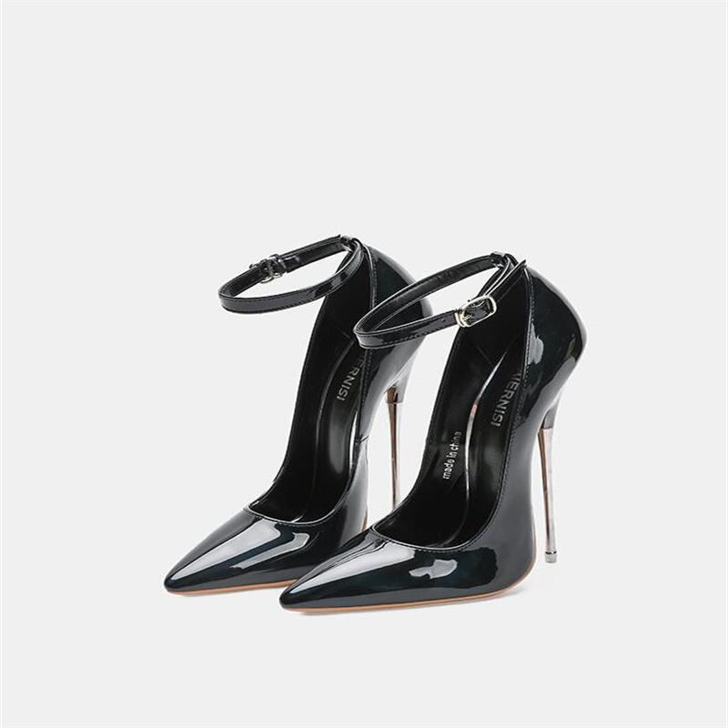 Women Ankle Strap Metal High Heel Shoes Pointed Toe Pumps for Nightclub Party Banquet Catwalk Pole Dance Princess Cross Dressing