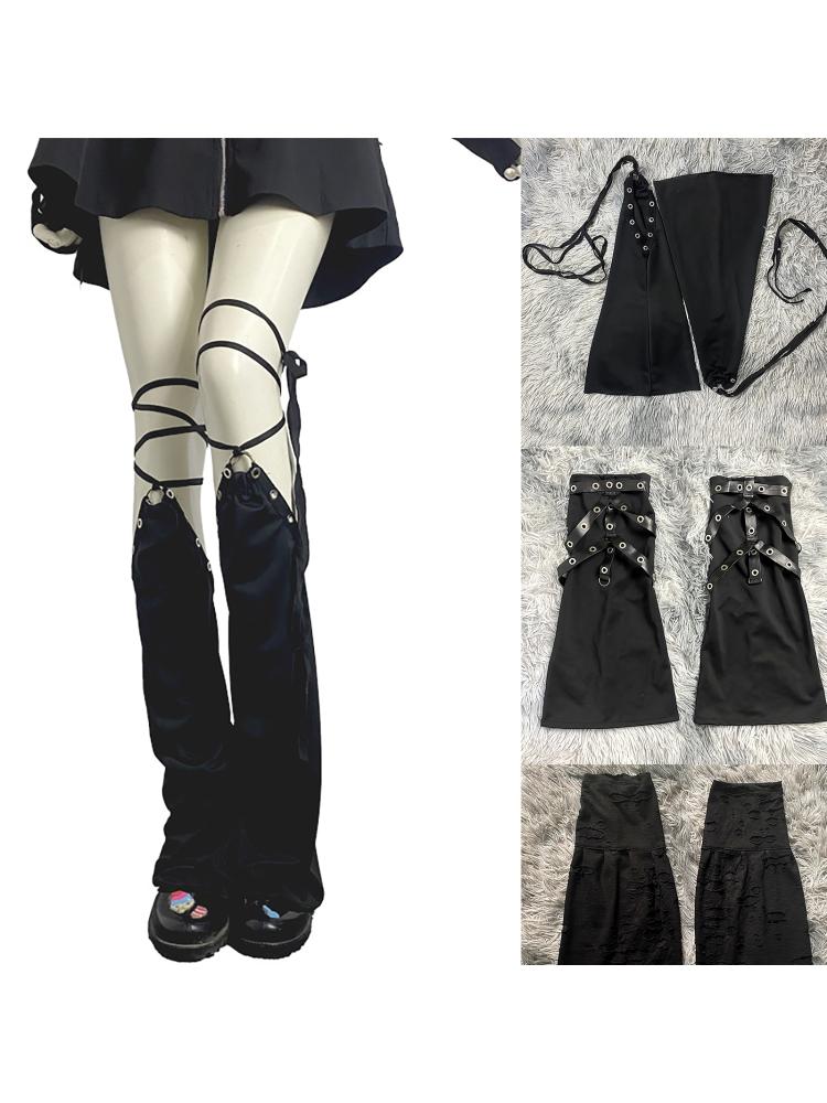 Women Punk Lace Up Straps Flared Leg Warmers Japanese Harajuku Eyelets Knee Length Foot Cover Long Tube Socks Streetwear