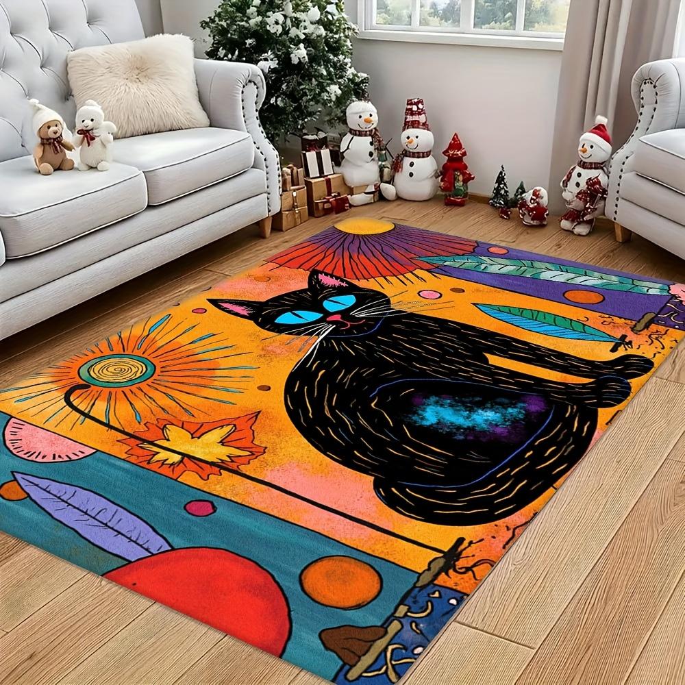 Artistic Black Cat Door Mat – Blue-Eyed Feline with Cosmic Design, Vibrant Abstract Pattern for Bedroom, Kitchen