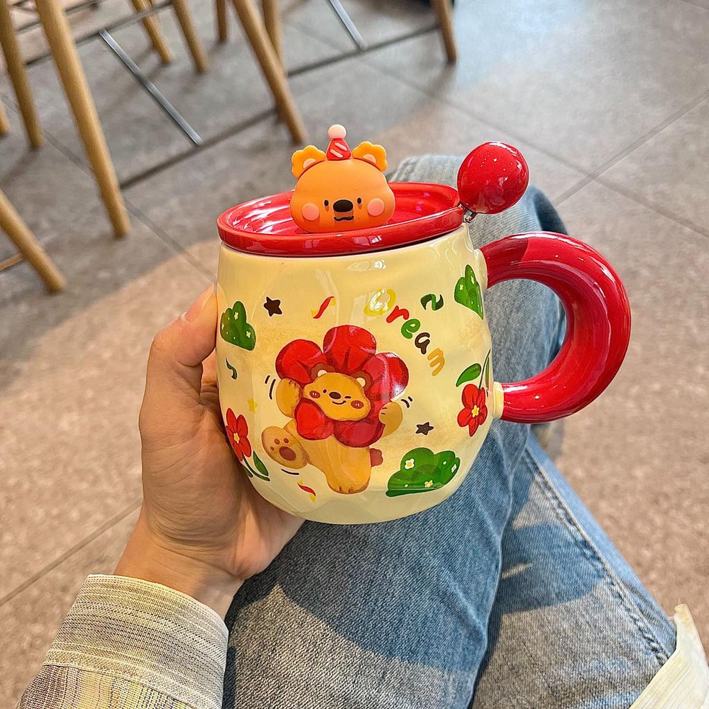 Cute Bear Mug With Lid Spoon High Value Ceramic Water Cup Girls Household Cup Coffee Breakfast Cup Children