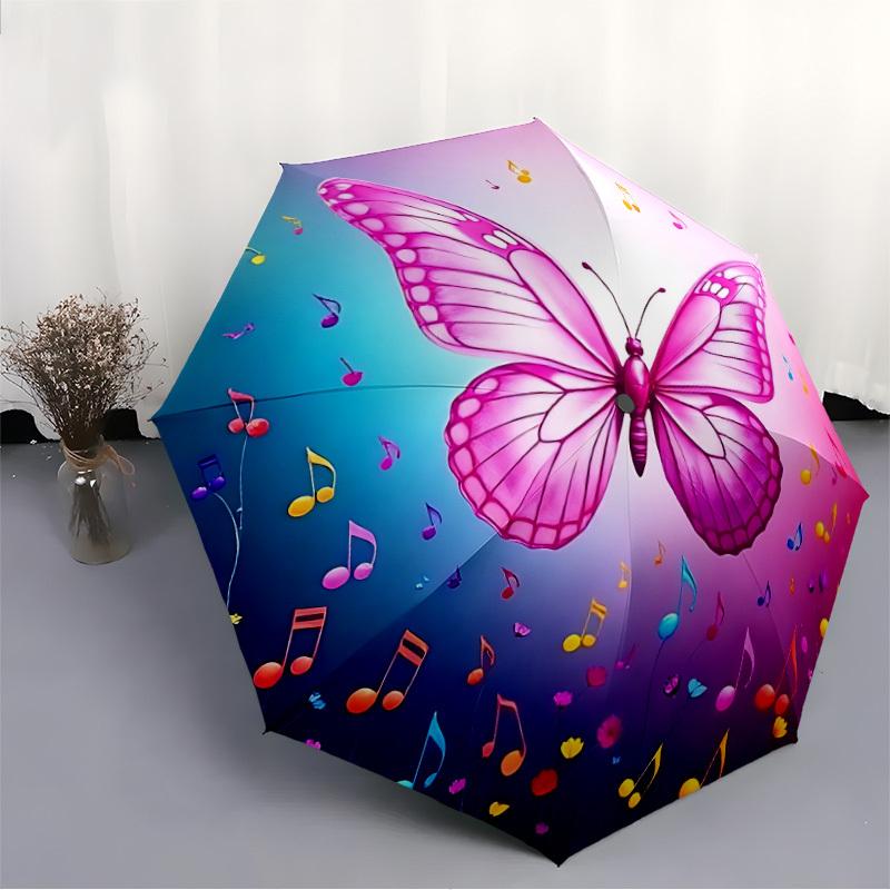 1 Stück Automatischer Regenschirm mit Schmetterlings- und Musiknoten-Design - 8-Speichen-Stabiles Gestell, Tragbares Modeaccessoire & Weihnachtsgeschenk yy251117197