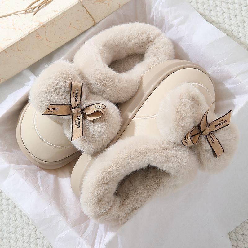 EVA cotton slippers women waterproof leather drag thickened bow cute fluffy slippers home slippers EVA slack