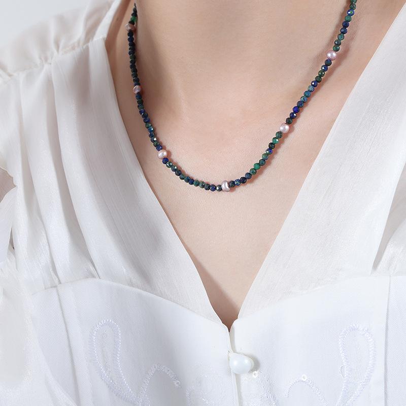 Clavicle Chain Cut Natural Lapis Lazuli Colored Freshwater Pearl Handmade Necklace Women