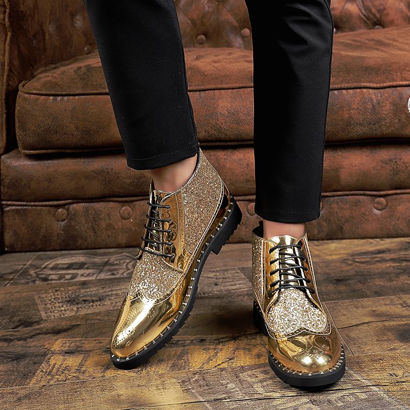 Fashion Designer Luxury Metal Pointed Toe Fashion Men Boots Rivet Sequins Leather Lace Up High Heels Ankle Boots Male Party Dress Shoes