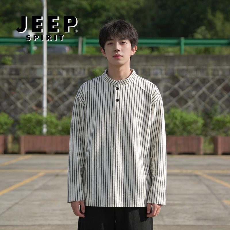 

JEEP SPIRIT Men s Henley Collar Striped Long Sleeve Polo Shirt L