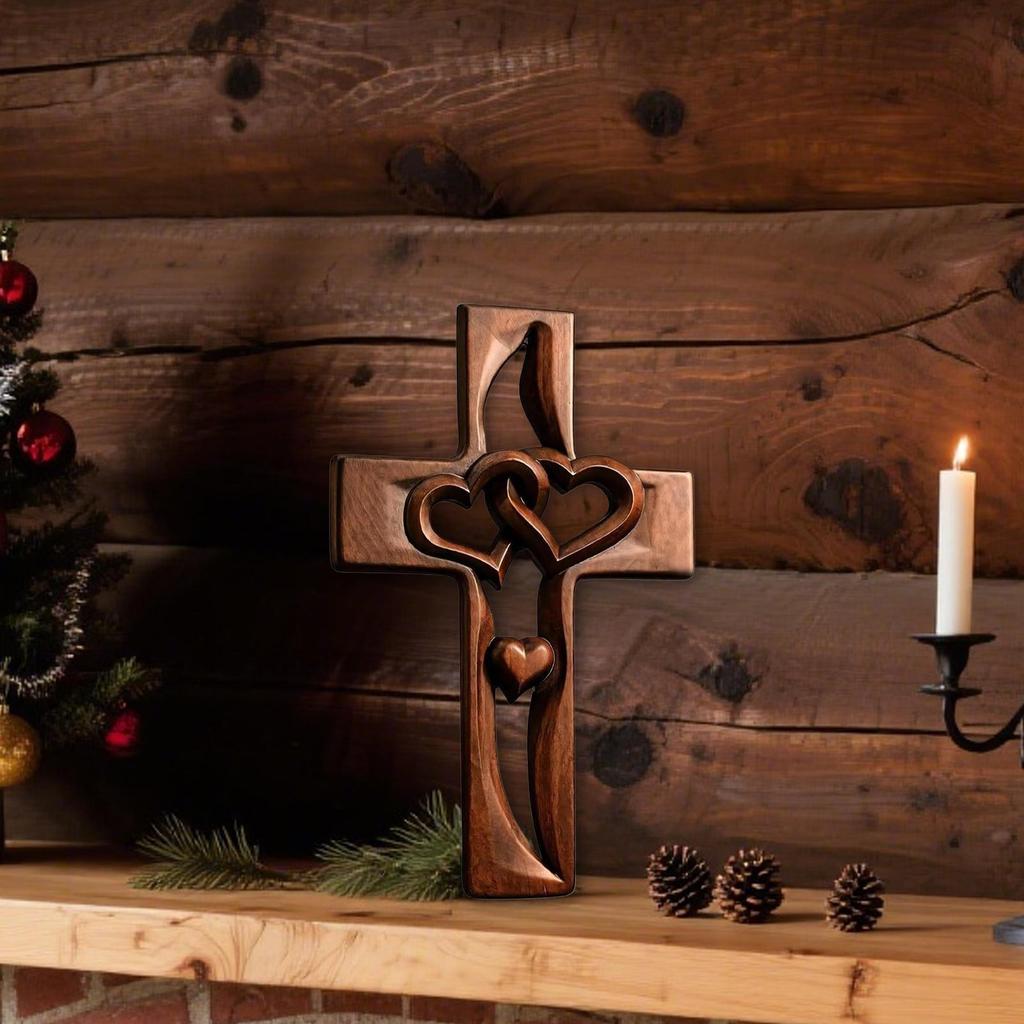 Handgefertigtes Holzkreuz in Herzform, verschlungen, handgeschnitzt, ausgeschnitten, Hochzeitskreuz, Heimdekoration für Paare, Ehepartner