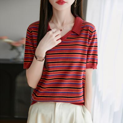 Pure Cotton Stripe V-neck Short-sleeved Women's Summer New Fashionable and Versatile Small Lapel T-shirt Atmospheric Loose and Comfortable Top