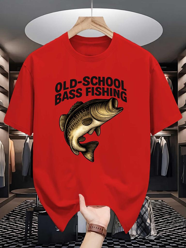 Old School Bass Fishing Print Mens Crew Neck T Shirt Vintage Bass Fish Angling Graphic Short Sleeve Casual Cotton Daily Tops