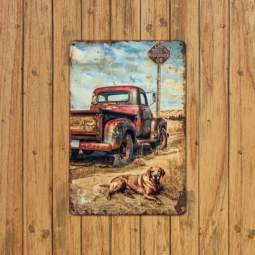 Vintage Truck and Dog Metal Tin Sign, Rustic Farmhouse Wall Art Decor, Gym Bar Cafe Garage Iron Art, Restaurant Home Forest Gard