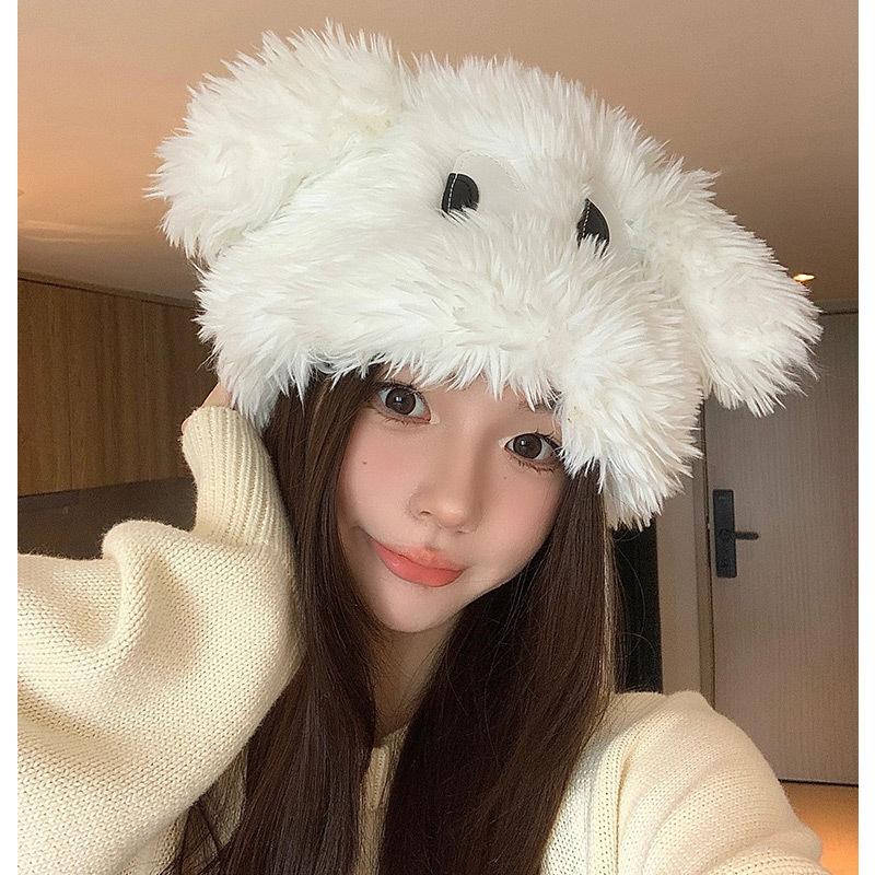 Cute Cartoon Big Eyes Puppy Hat Female Eyes Long Ears Thickened Pullover Hat Warm Plush Lei Feng Hat
