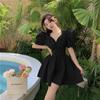 Summer New Sweet V-neck Waist Short Skirt Retro Lantern Sleeve Dress Women