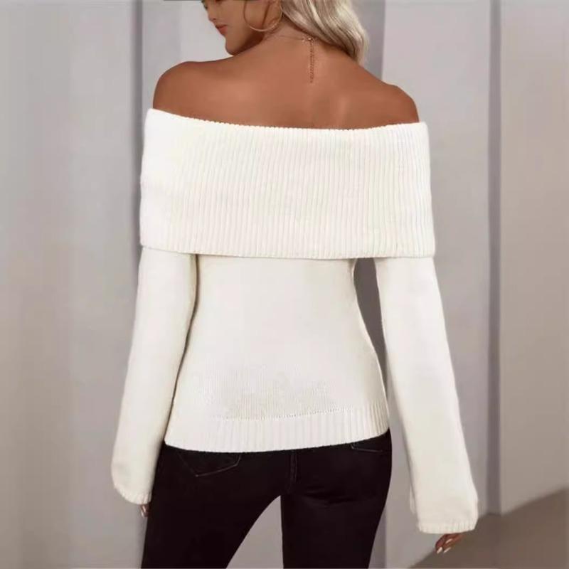 VEZFAA Maglioni monospalla a maniche lunghe con stampa tinta unita, casual, autunno inverno, da donna