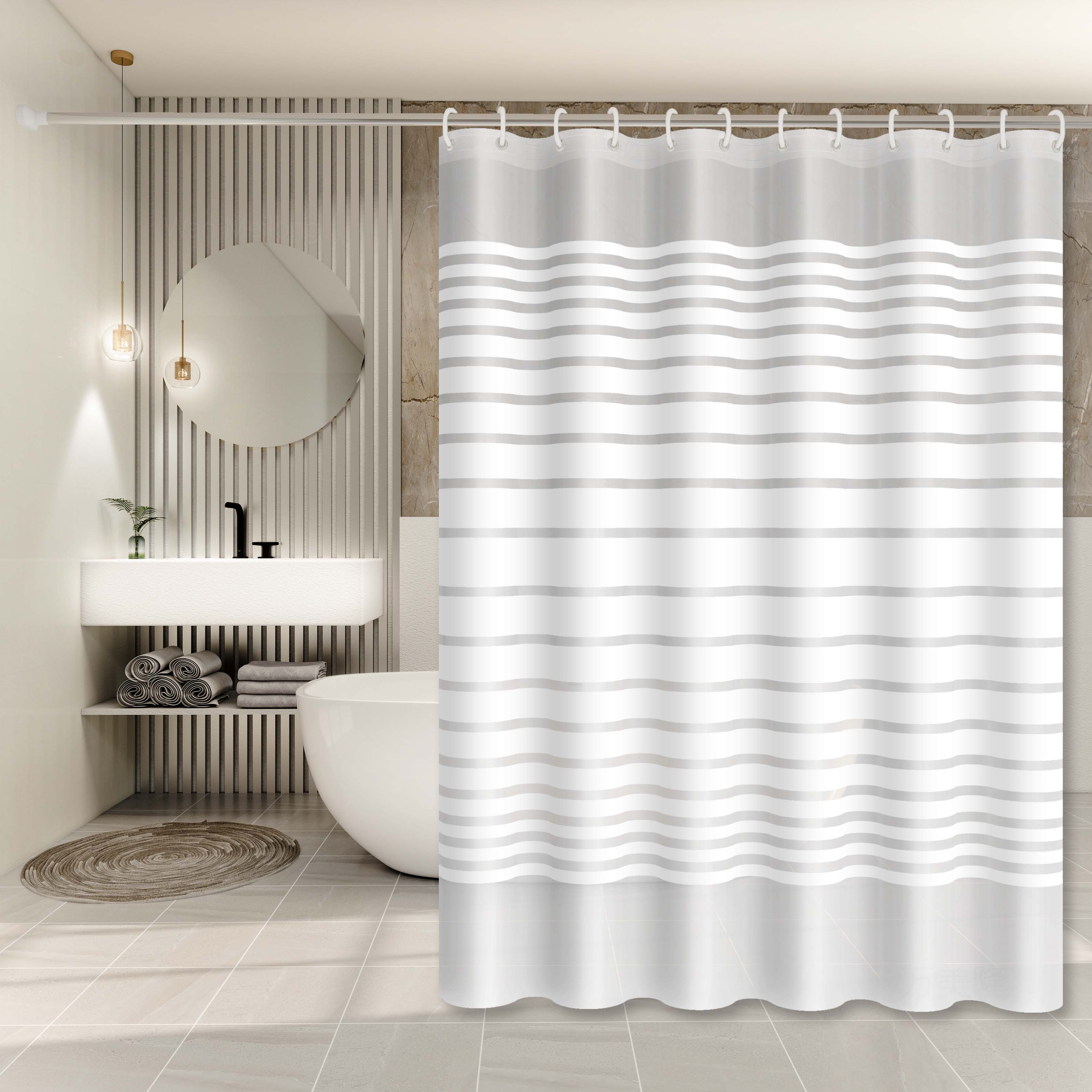 

Simple White Striped Shower Curtain, Bathroom Dry and Wet Separation Partition Curtain, Easy to Clean, Rental House Essential 120*180cm