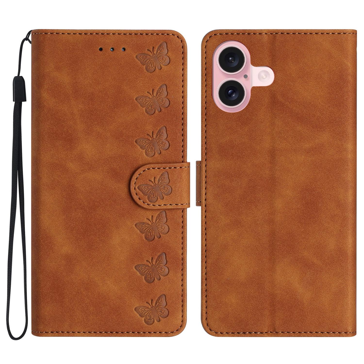 

For iPhone 16 Case Butterfly Imprinted PU Leather Flip Protective Cover Brown