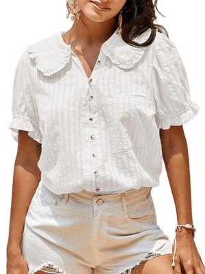 Womens Cotton Textured Peter Pan Collar Blouse Puff Sleeve Button Shirt