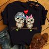 Cute Cartoon Owl Print Graphic T-shirt Women's Casual Short-sleeved O-neck Harajuku Top