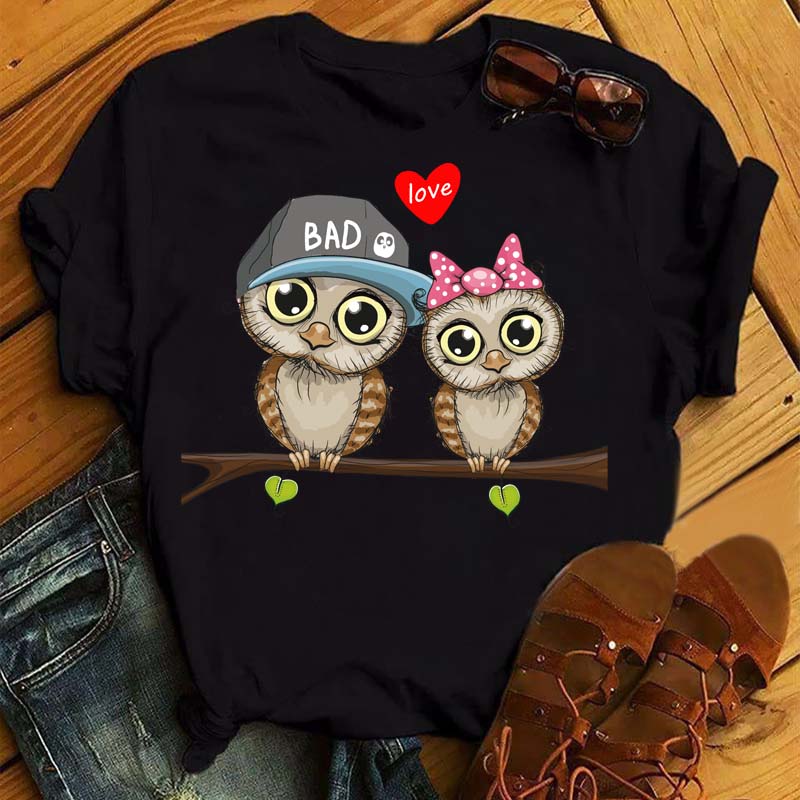 Cute Cartoon Owl Print Graphic T-shirt Women's Casual Short-sleeved O-neck Harajuku Top