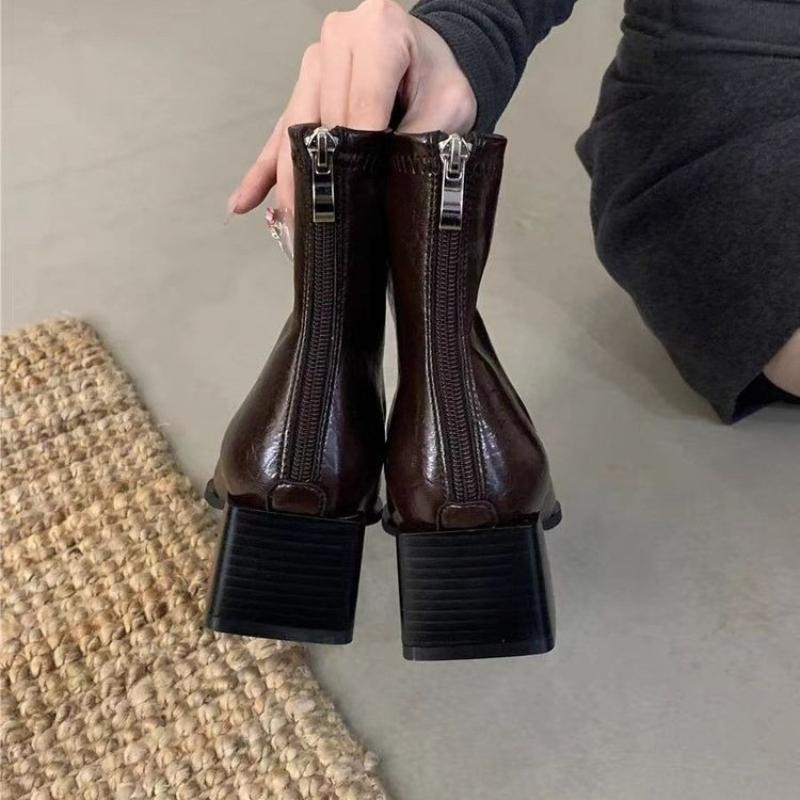 Fashion Pointed Toe Modern Ladies Short Boots Shoes Female Square Heels Women Ankle Stretch Boots Zippers Shoes Pumps 35-42