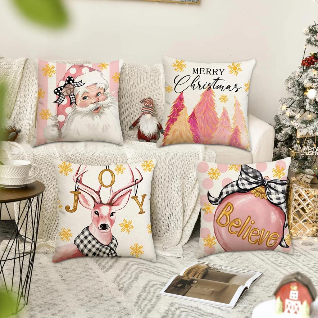 4pcs Merry Christmas Pillow Cover, Christmas Tree Reindeer Santa Claus Living Room Sofa Decoration Cushion Cover