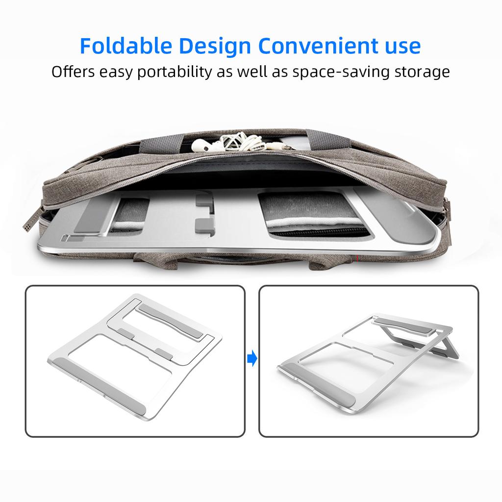 Aluminum Portable Foldable Laptop Stand Support for up to 15”, Lightweight Ventilated Holder with Anti-Slip Design, Adjustable Ergonomics Compatible
