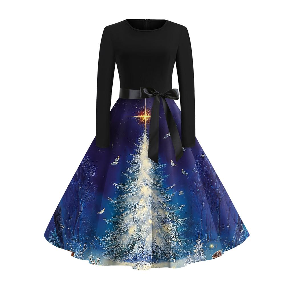 Women's Fashionable And Elegant  Winter Long-sleeved Christmas Tree Print Dress