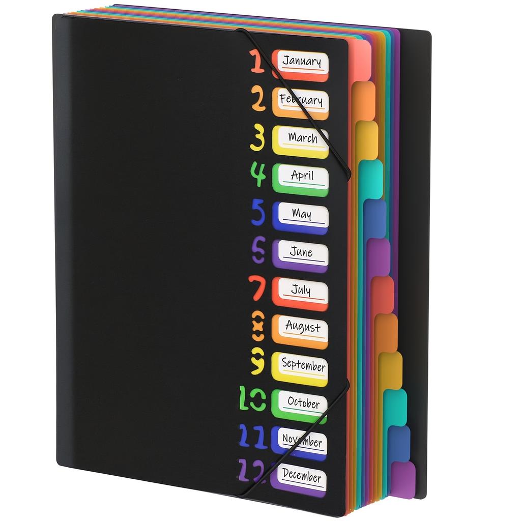 Multi-Layer A4 Folder with Rainbow-Colored Tabs & Monthly Dividers - Durable Plastic Document Organizer for School, Office, Home - Color-Coded