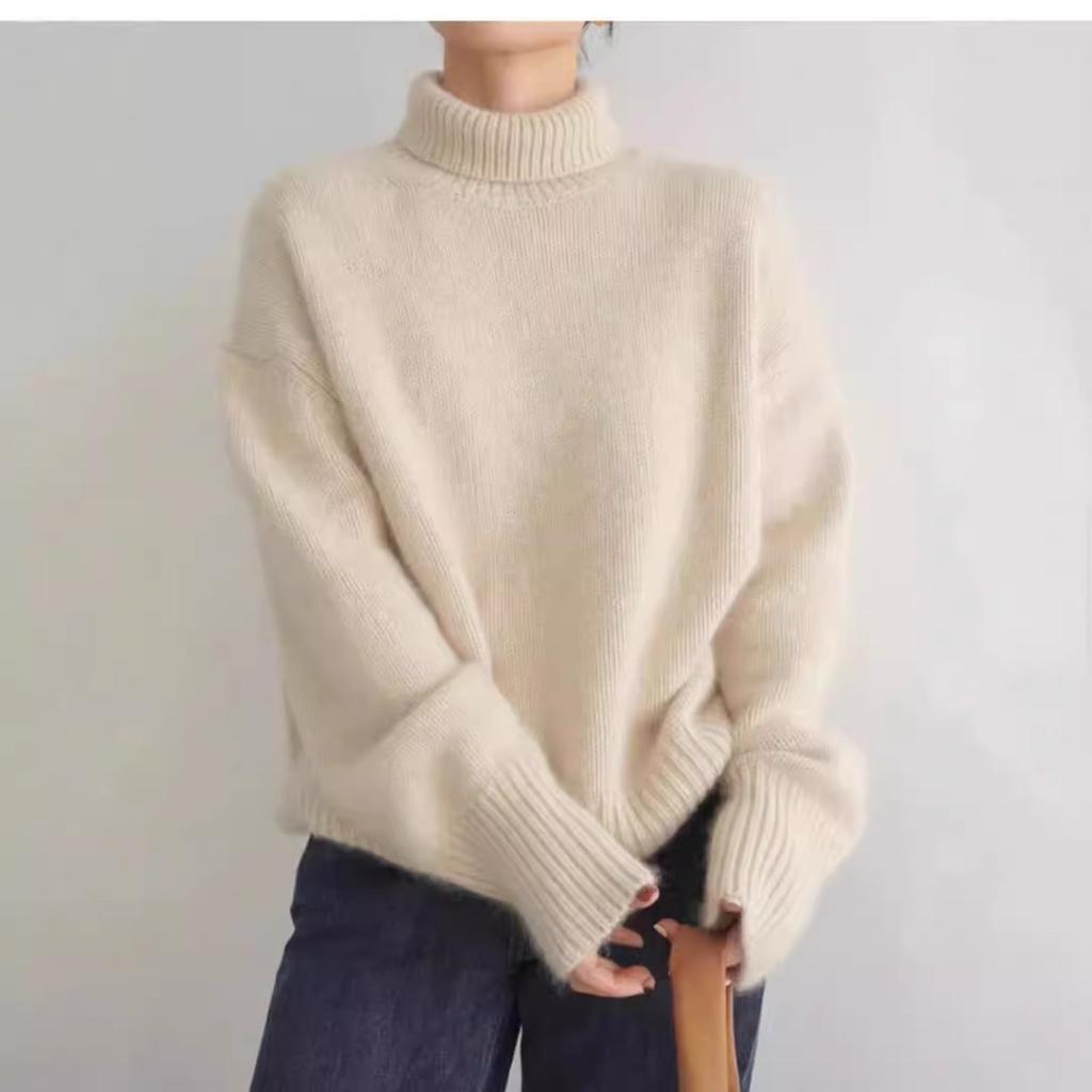 Women's Turtleneck Long Sleeve Knit Top Loose Fit Elegant Casual Sweater Solid Cashmere Blend Pullover