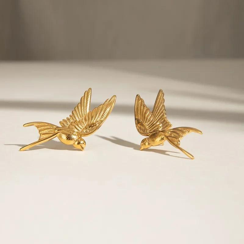 Gold PVD Plated Titanium Steel Dove of Peace Dangle Earrings for Women Non Tarnish Metallic Pendant Jewelry