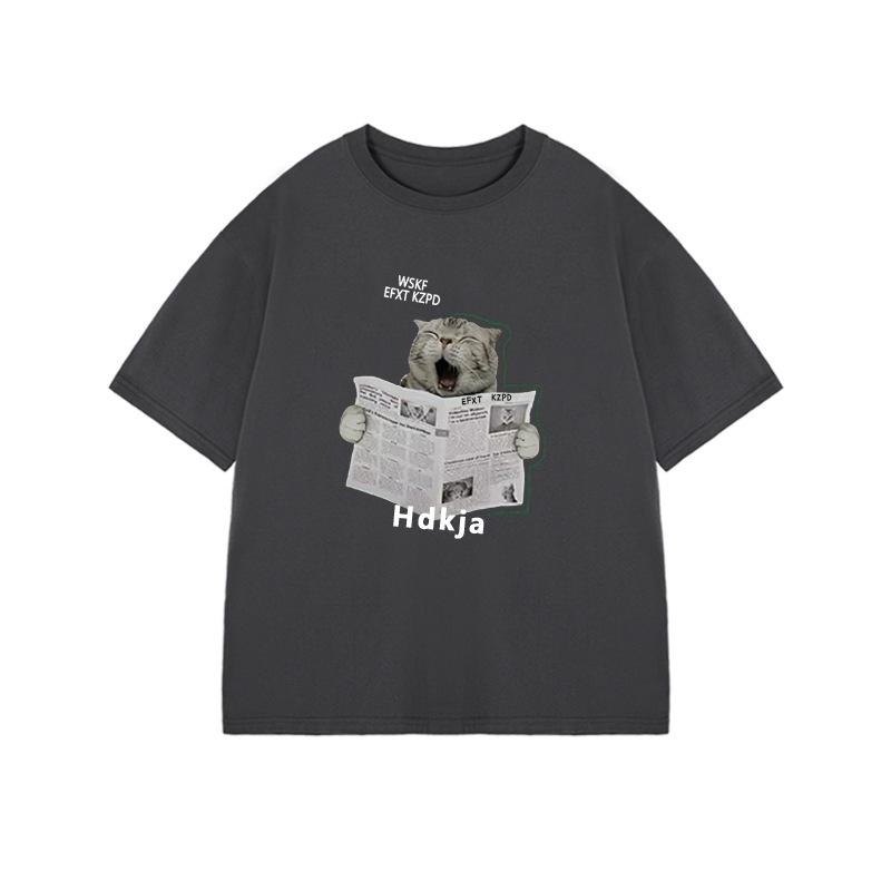 Women's Round Neck Short Sleeve Cotton T-Shirt Loose Fit Cat Print Casual Summer Top