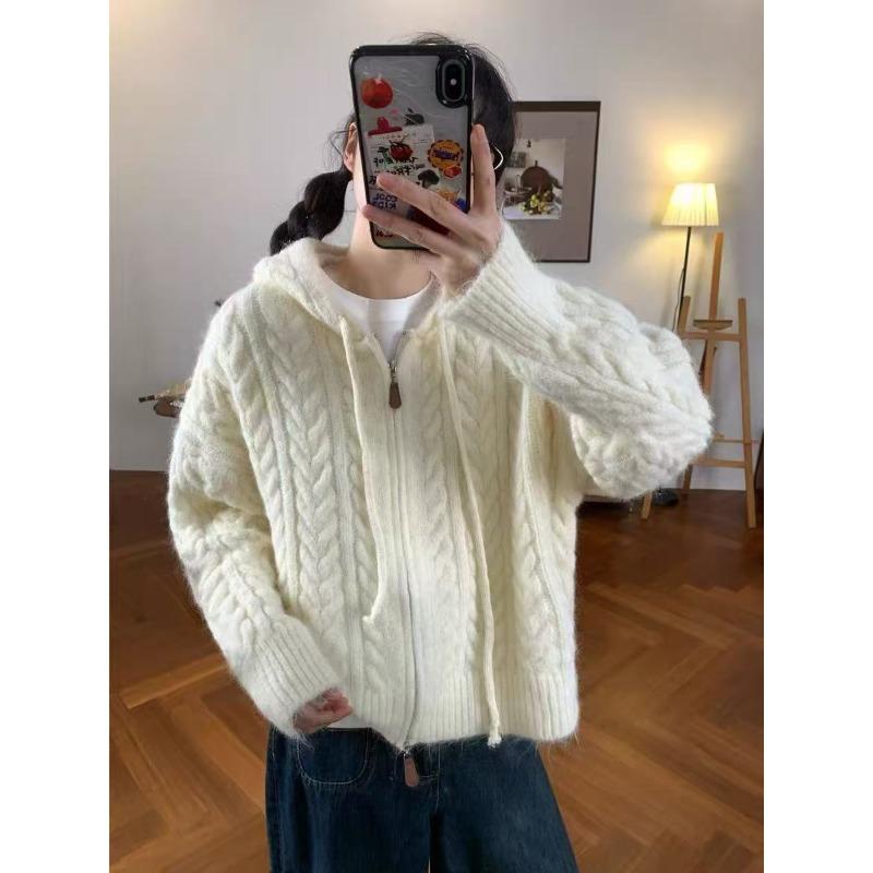 Lazy wind hooded double zipper sweater jacket women's autumn and winter new long camel hair loose twist versatile knitted cardigan