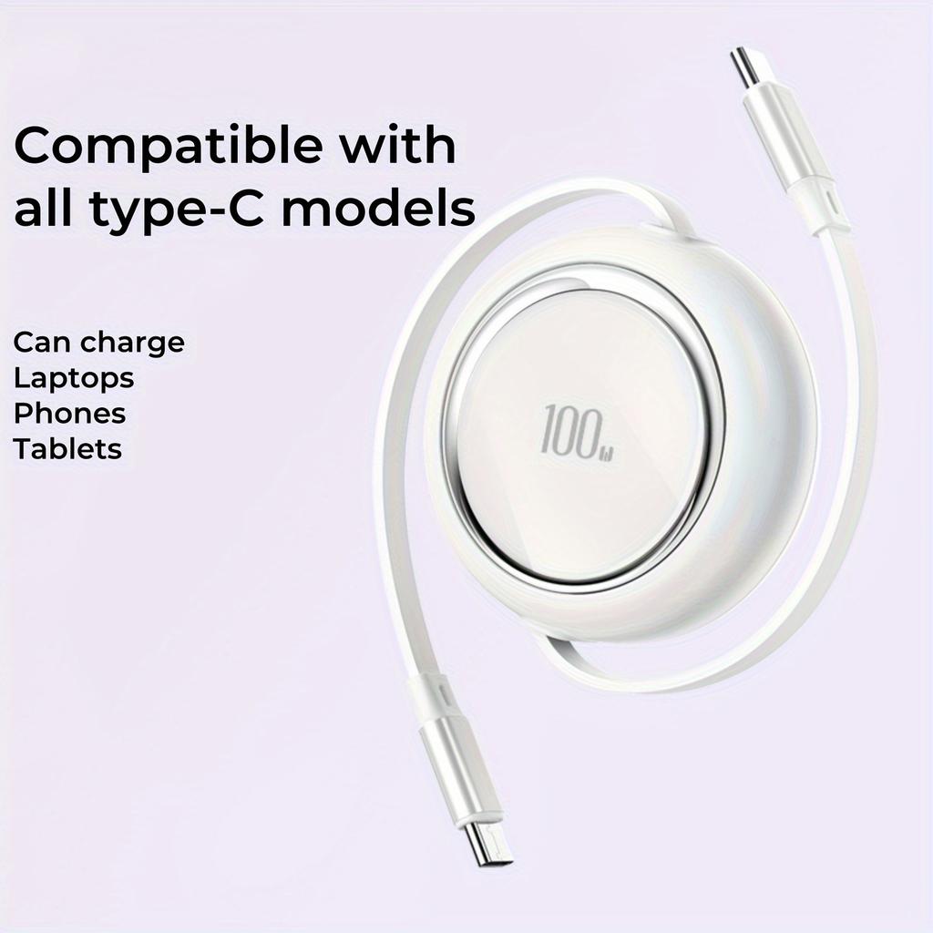 100W Retractable USB-C Fast Charger Cable, Double Slider Compact Portable Charging Cord