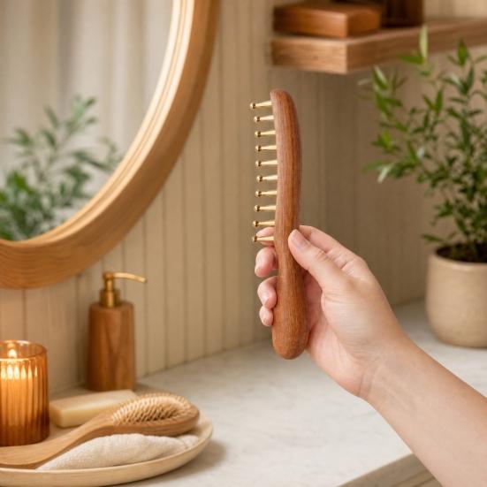 Copper Massage Brush, Gua Sha Comb with Wood Handle And Brass Balls, Brass Massage Tool, Facial Massager for Face, Jawline, Scalp, Eye Care, Body