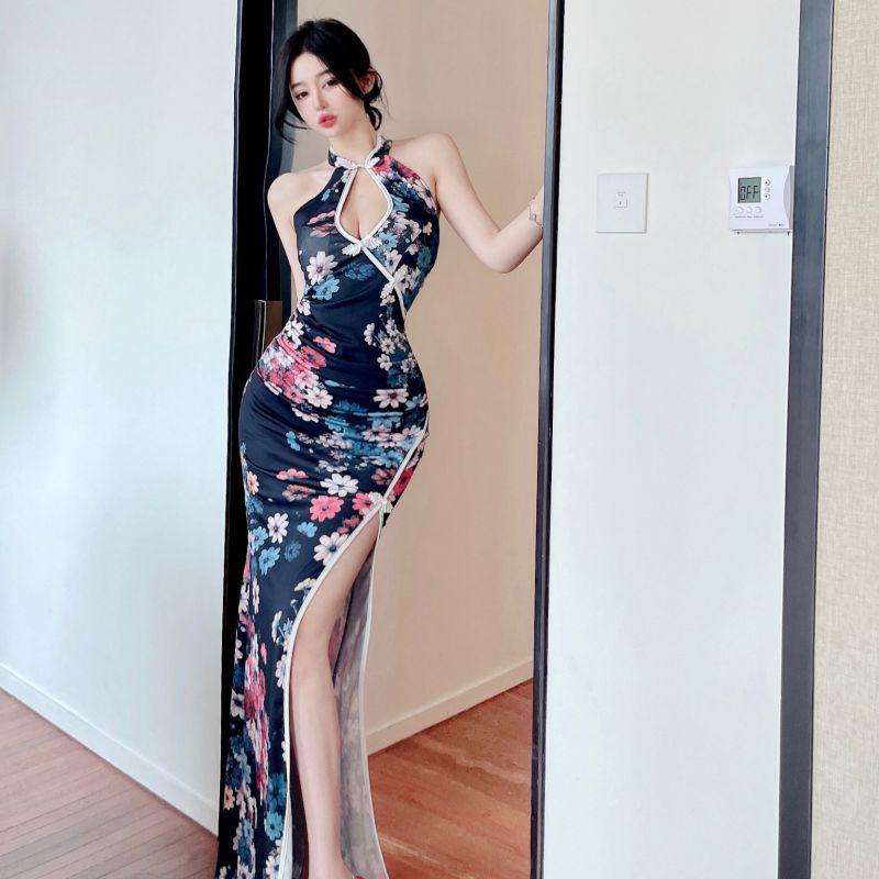 new sexy hollowed-out neck-hanging cheongsam showing thin high waist retro printing temperament long dress summer