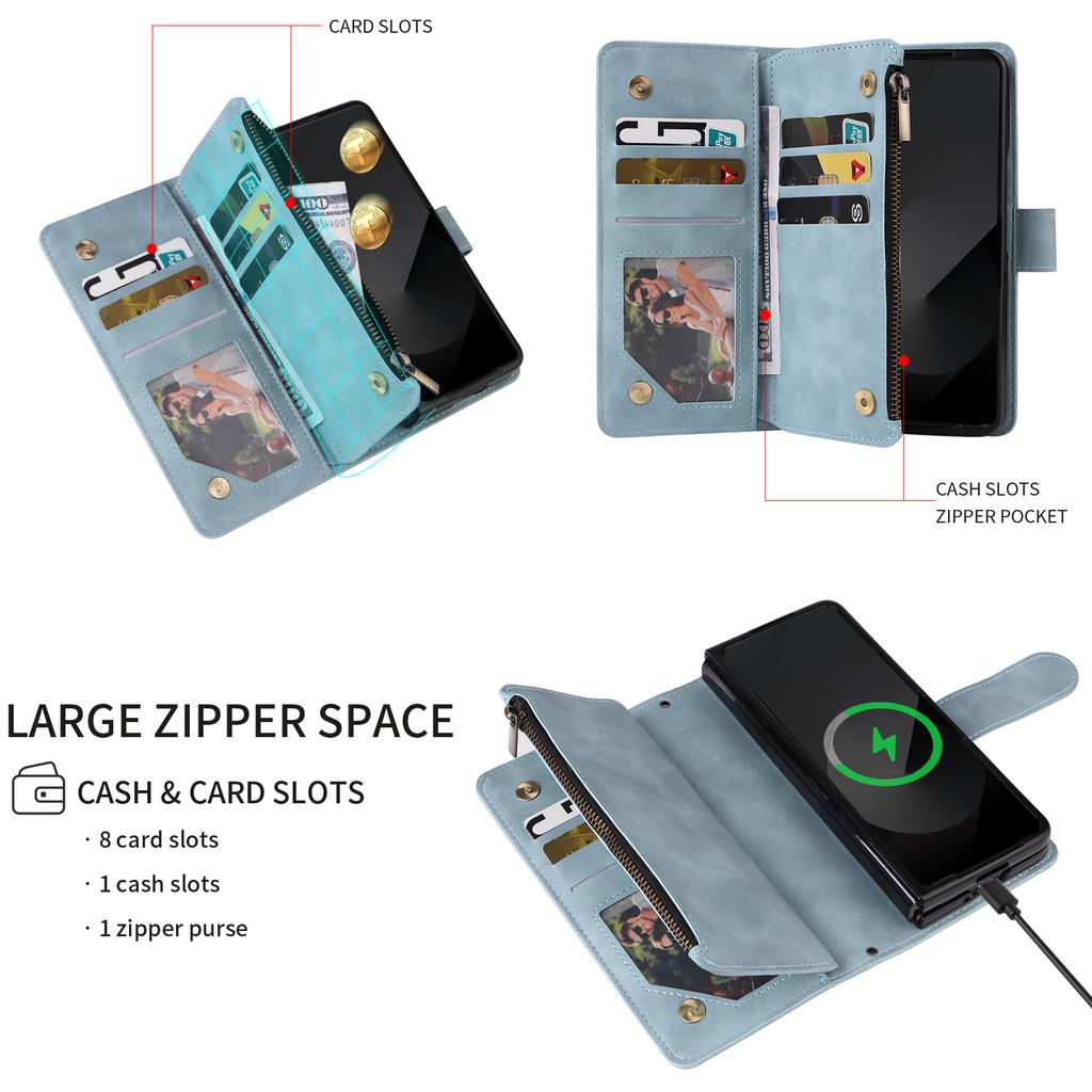 Premium Leather Business Phone Case For Samsung Galaxy Z Fold 7 Zipper Wallet Card Slots Magnetic Flip Cover For Z Fold 6 5 4 3