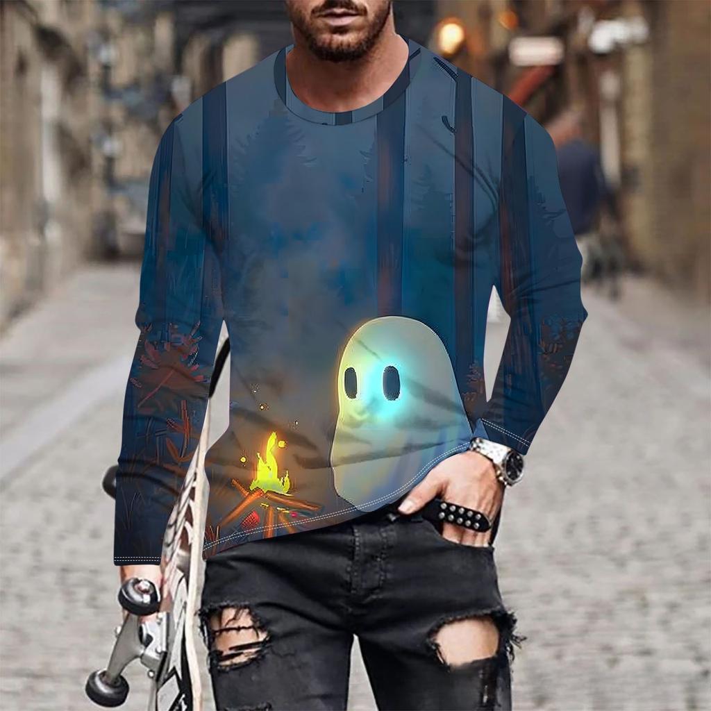 Ghost New Printed Men's Long Sleeved Round Neck T-shirt Autumn Winter Loose Comfortable Fashionable T-shirt