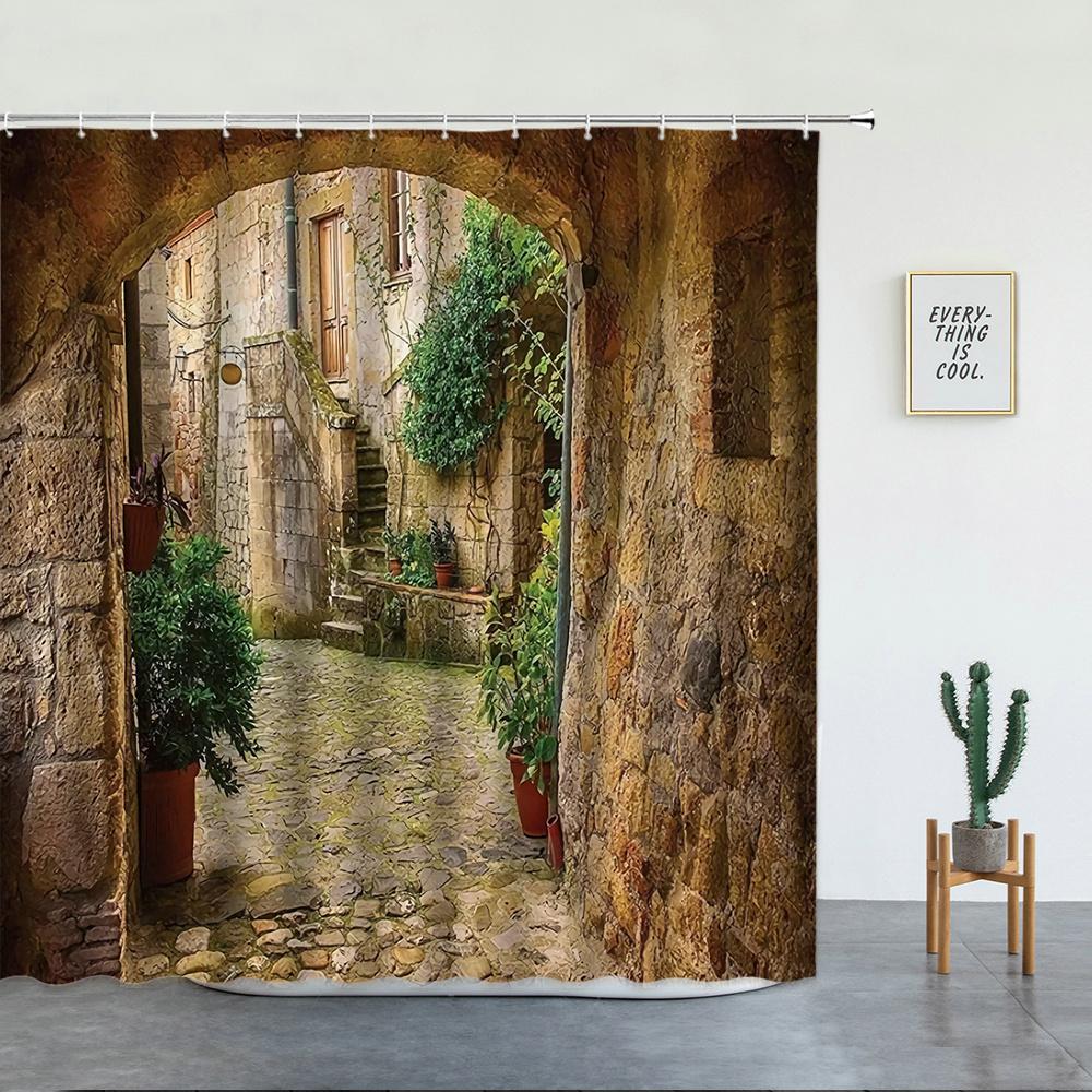 Blommor Vårlandskap Badrumsset Duschdraperi Gata Röd Rosa Blomma Retrodesign Trädgård Väggdekoration Hängande gardiner