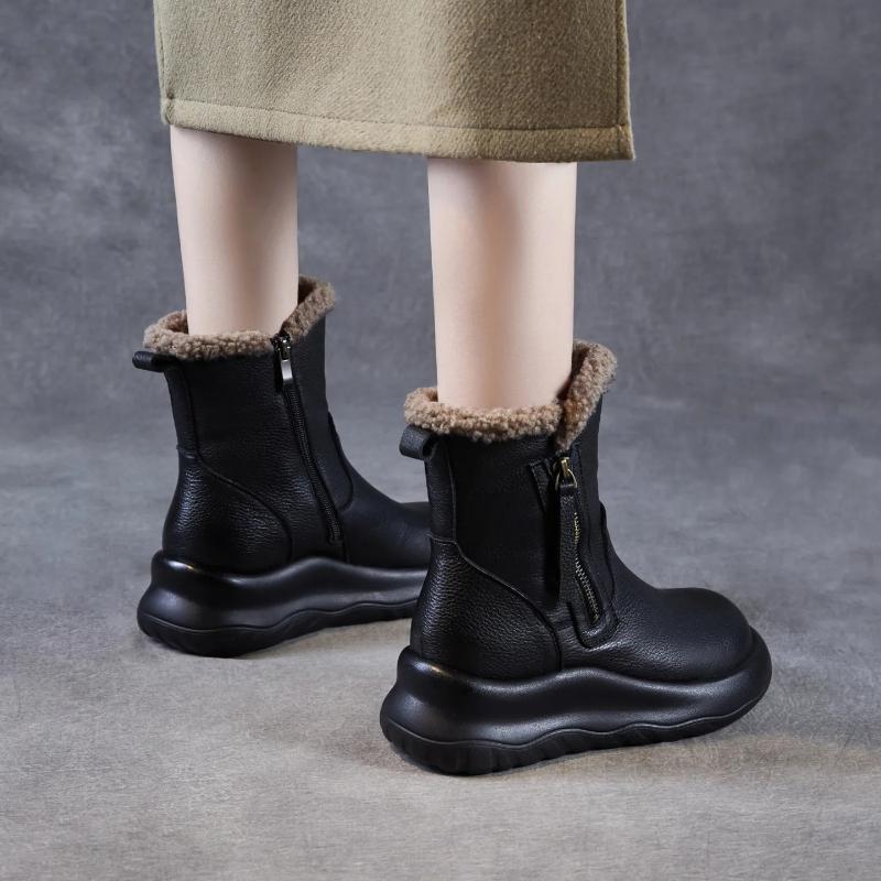 Johnature Thick Soled Genuine Leather Women's Boots Plush Warm Cotton Shoes Versatile Mid-calf Boots