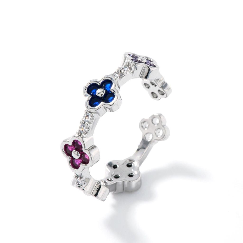 New Light Luxury Temperament Small Flowers Open Ring Atmosphere Sense Of Colour Zirconia Four-Leaf Flower Ring Four-Leaf Clover Ring
