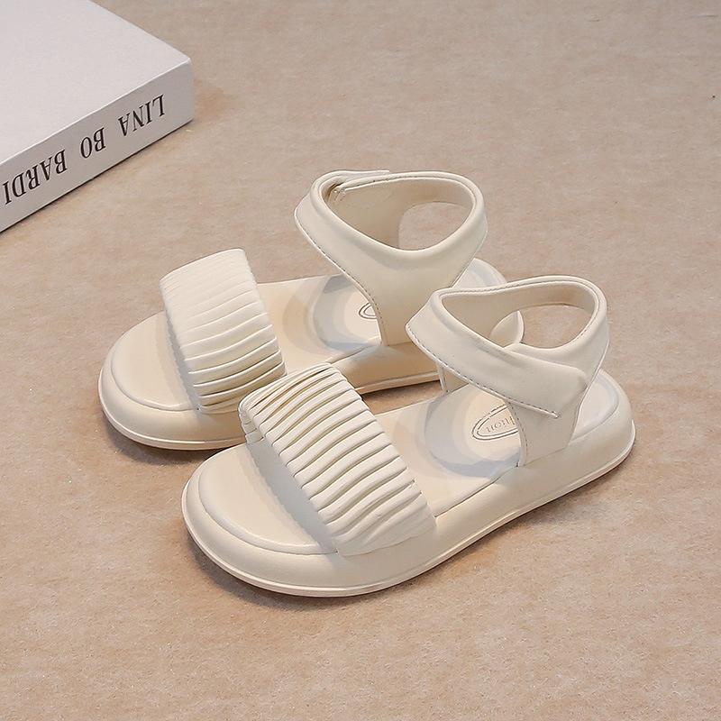 

Girls Sandals Sweet Pleated Elegant Kids Beach Shoes Korean Style Soft Sole 2025 Summer New Children Princess Shoes Versatile 26 бежевый