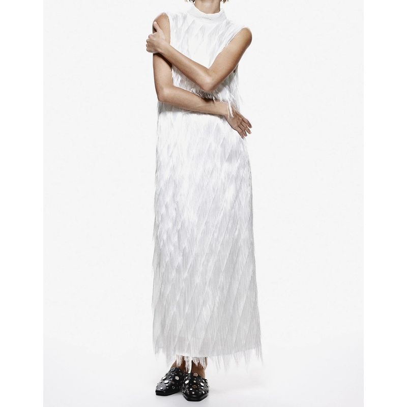 

Foreign Trade Order H Home Super High Gas Field White Tassel Gas Field Sleeveless Stand Collar Beads Shiny Dress Split Long dress White X L