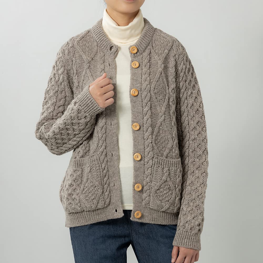 Cooper Cable Crew Neck Made in Winter J.M. Women's Cardigan, England, Wool, Thick, (Size L, Beige)