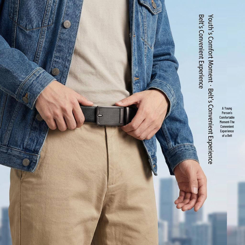 Men's Genuine Leather Belt with High-end Automatic Buckle - Premium Cowhide for Middle-aged and Young Adults