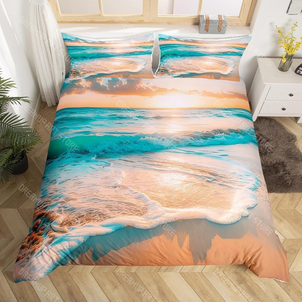 Bettwäsche-Set mit Strandthema King Queen Größe Ozeanwelle Sonnenuntergang Bettbezug Küsten-Nautik-Bettdeckenbezug Meereslandschaft Bettdeckenbezug