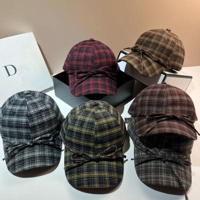 Boné de Xadrez com Tira de Laço Algodão Polido Outono Boné de Basebol Estilo College Japonês Chapéu Casual Infantil
