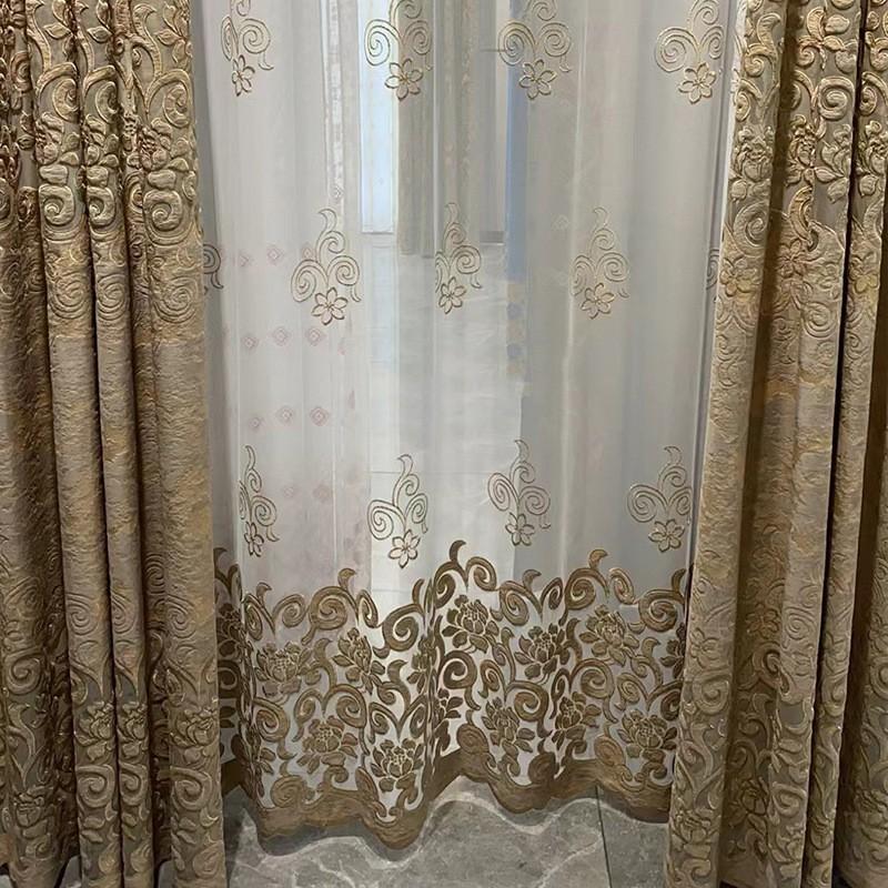 Elegant European Style Blue Velvet Curtains With Embroidered Cutwork Sheer Living Room Balcony Floor To Ceiling Windows