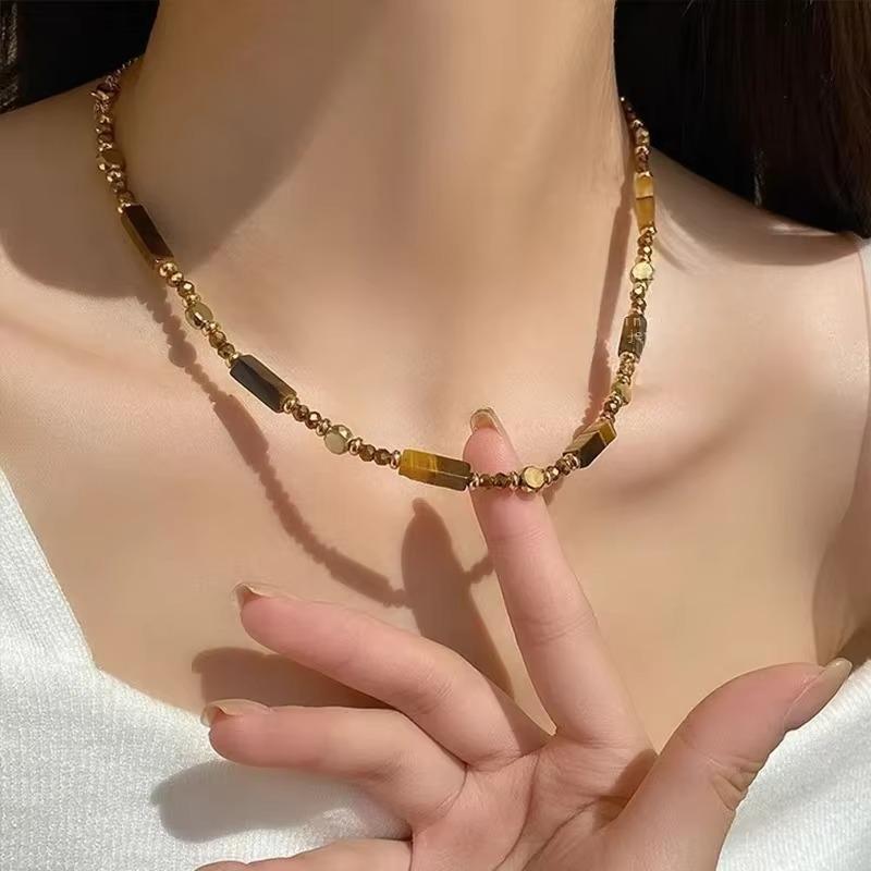 Retro Layered Tiger Eye Stone Pendant Necklaces for Girls Women Natural Stones Double-Layer Maillard Necklace Jewelry Gifts