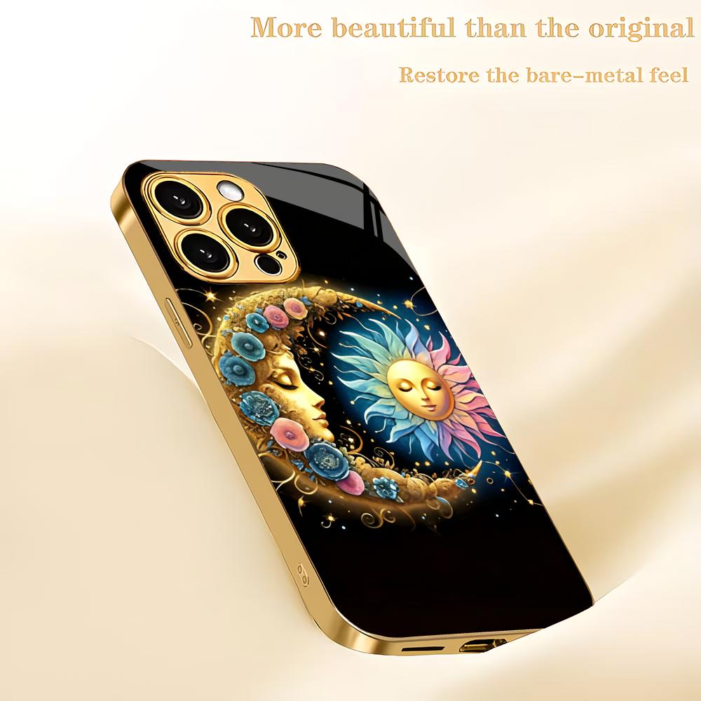 Moon Sun Pattern Metallic Paint Glass Phone Case Suitable for iPhone 17 16 15 14 13 12 11 Pro Max Plus Anti Shock Back Cover