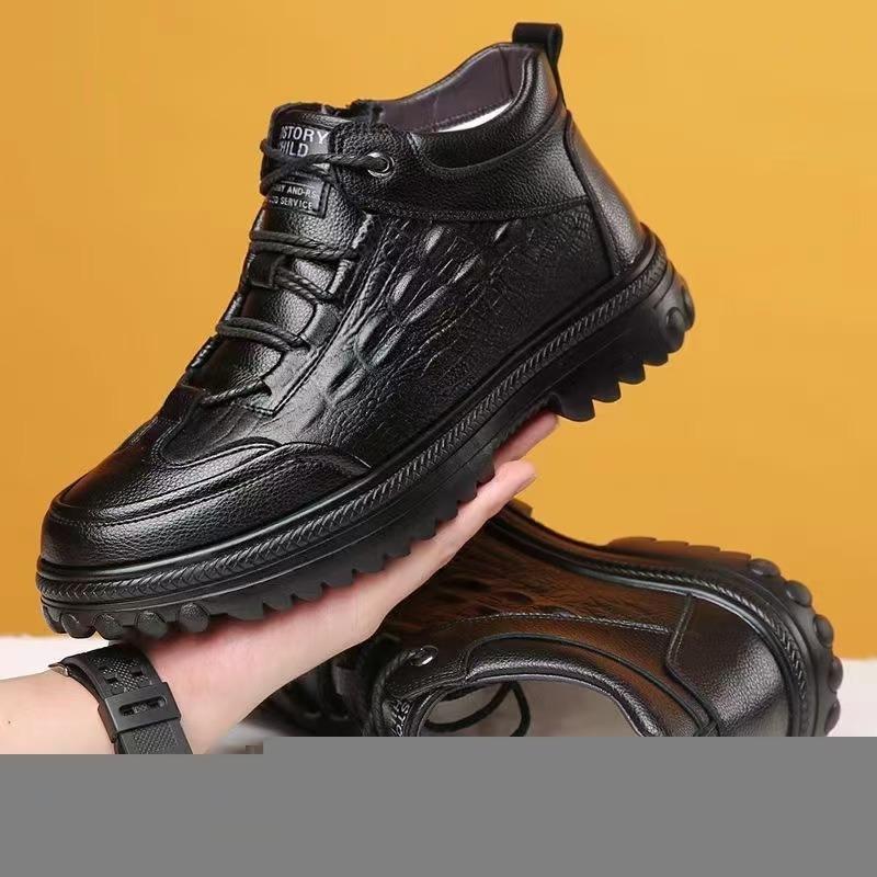 Cotton leather shoes men's winter thickened fluff cotton leather shoes men's business high-top men's shoes non-slip soft-soled lace-up leather boots