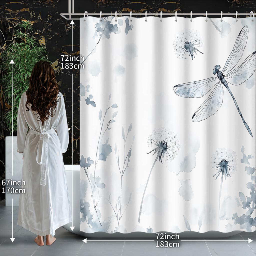 Elegant Dragonfly and Dandelion Waterproof Shower Curtain for Bathroom Decor, Adding a Touch of Nature and Serenity